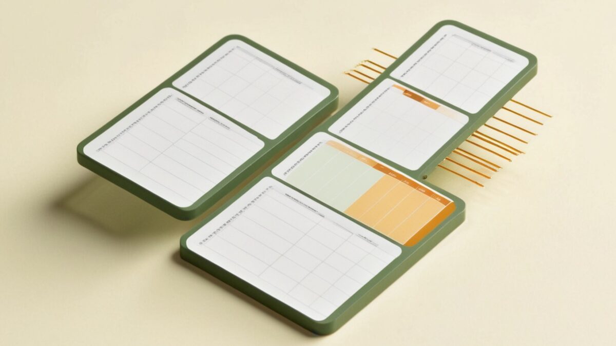 Flat illustration of three small spreadsheet cards linked by dashed lines into one larger spreadsheet with an import arrow