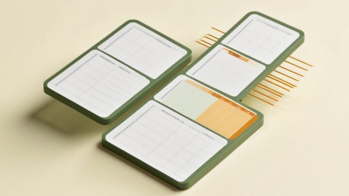 Flat illustration of three small spreadsheet cards linked by dashed lines into one larger spreadsheet with an import arrow