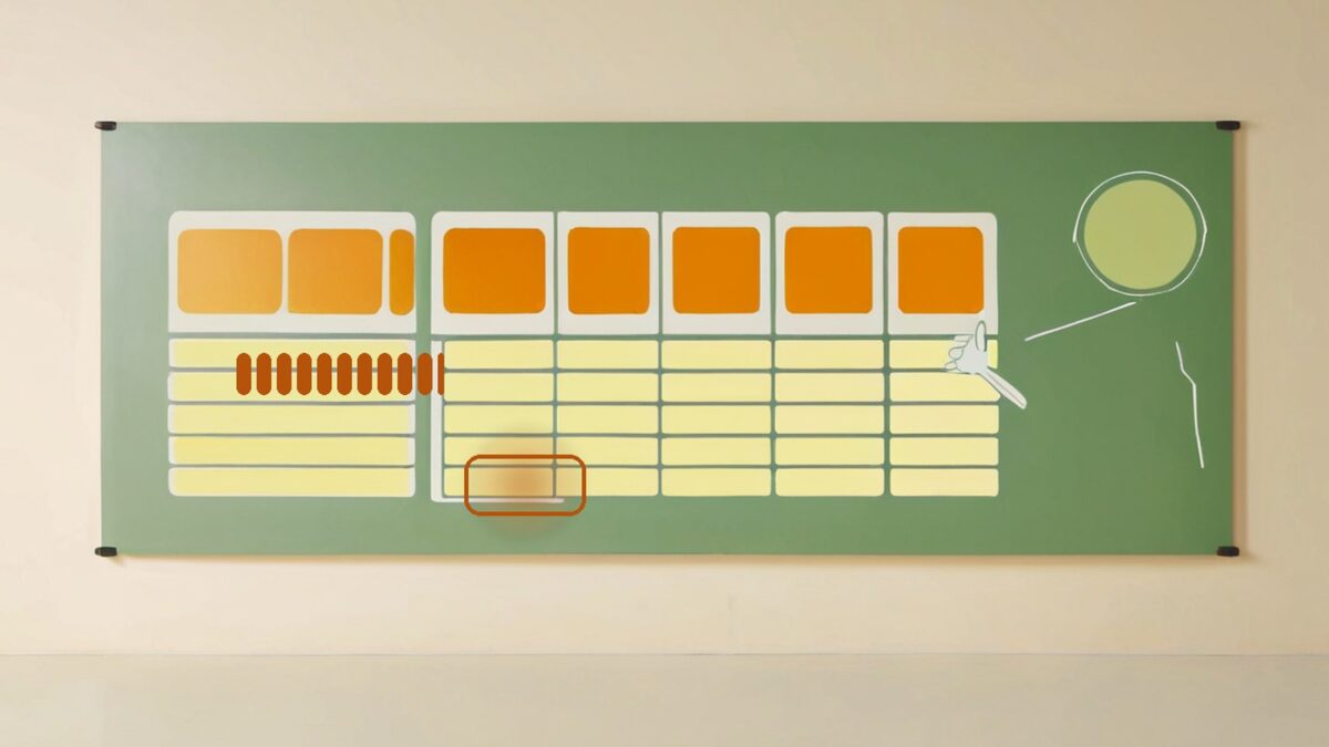 Flat illustration of a salon scheduling board with kennel booking bars, a dashed daycare bar and one glowing open slot