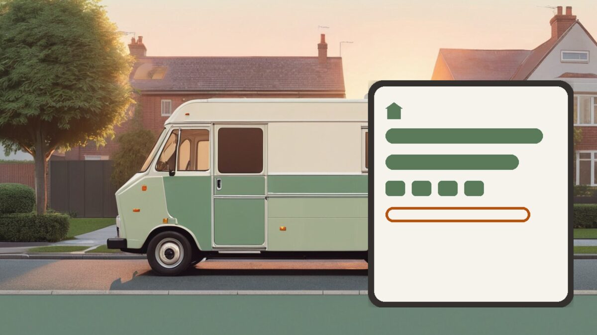 Flat illustration of a mobile grooming van at sunrise beside a phone-style card showing abstract schedule bars with one empty slot, no text