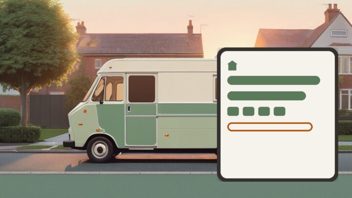 Flat illustration of a mobile grooming van at sunrise beside a phone-style card showing abstract schedule bars with one empty slot, no text