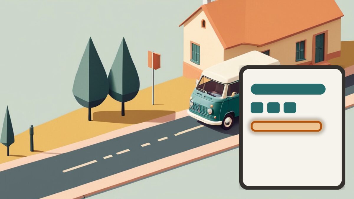 Flat illustration of a mobile grooming van driving toward a house along a dashed route line, beside a phone-shaped card with abstract progress bars and one empty outlined slot, no text