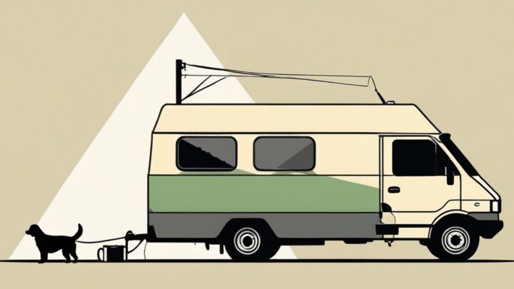 Illustration of a mobile grooming van beside a stack of calendar cells, some dashed and empty, one filled, on a cream background