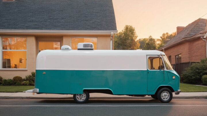 Illustration of a mobile pet grooming van at golden hour; an empty glowing speech bubble on its side panel and a dog sitting beside it.