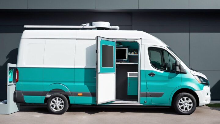 Illustration of a teal mobile grooming van with its door open and a customer's card hovering at a small contactless card reader