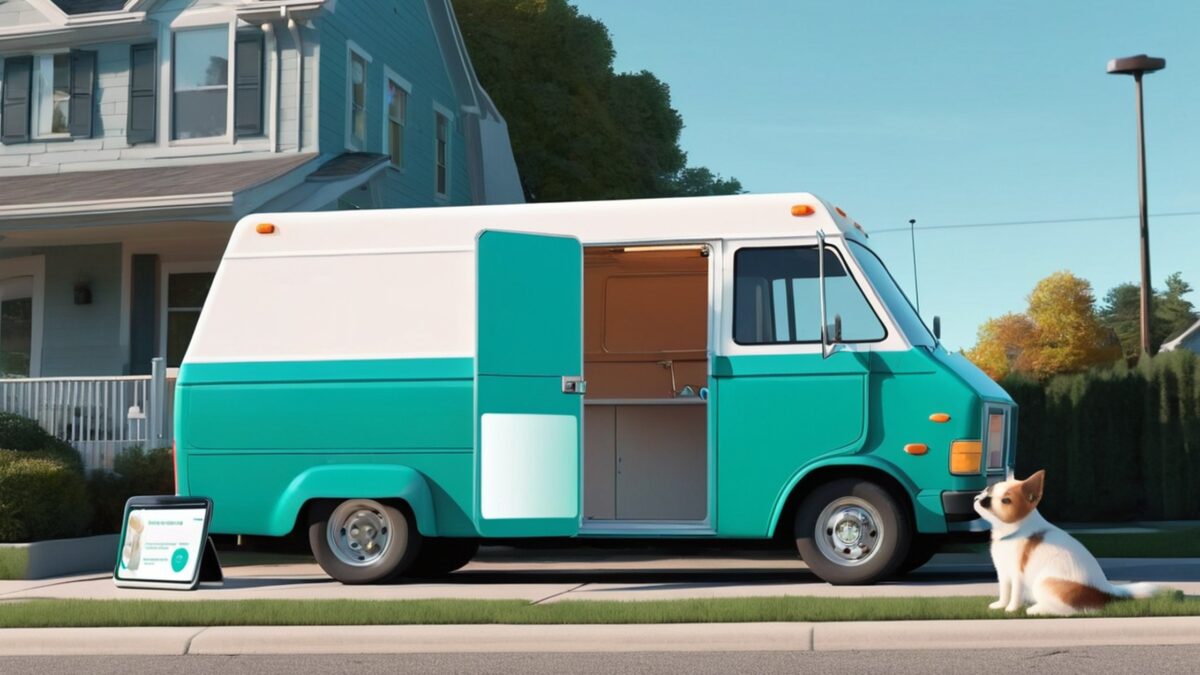 Flat illustration of a teal mobile grooming van parked at the curb with its door open and a dog sitting nearby, a phone-shaped sign glowing with one blank notification card in the foreground, no text