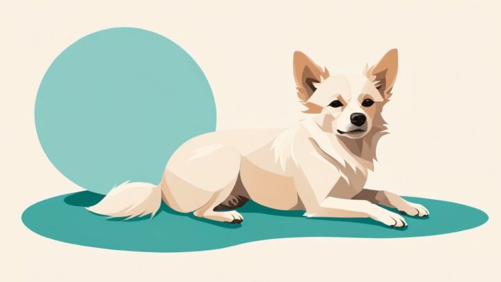 Flat vector illustration of a freshly groomed cream-colored dog resting beside a large teal circle on a warm off-white background